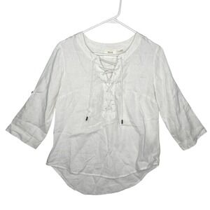 Maeve Anthropologie White Linen Lace Up Roll Tab Sleeve Shirt Top Women's US 0